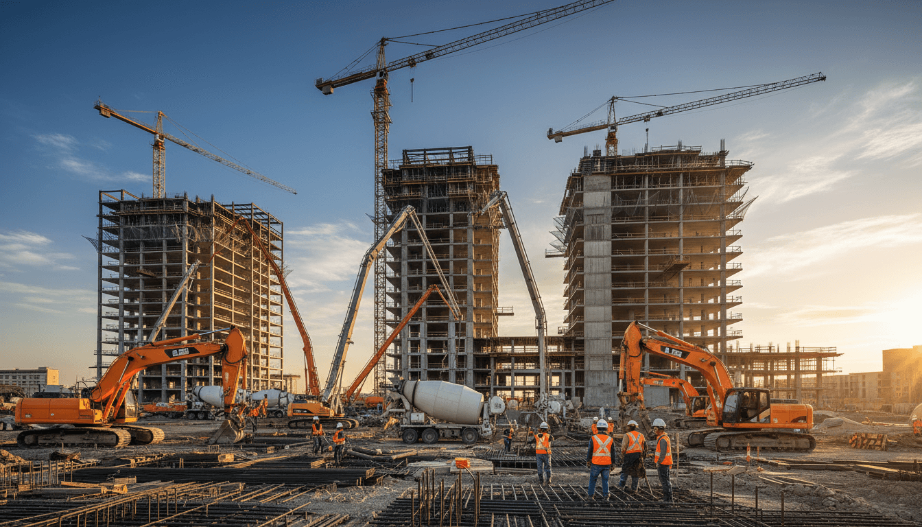 Degan Construction large-scale construction site with heavy machinery and team