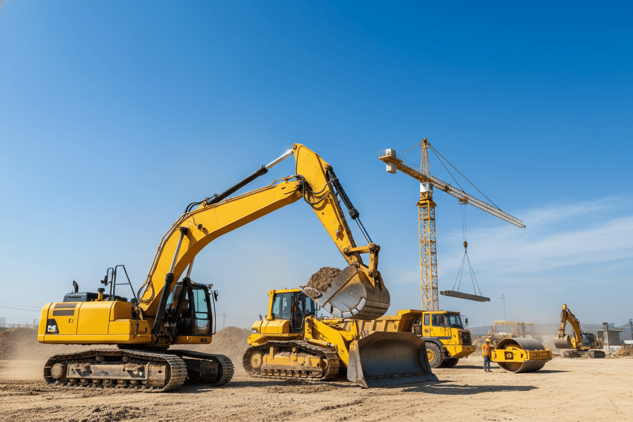 Heavy construction machinery and excavator at work