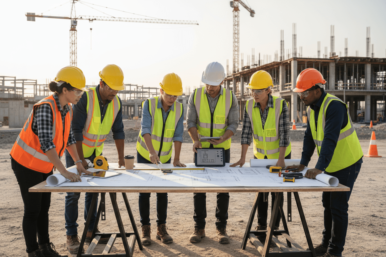 Construction workers collaborating on site with blueprints and plans